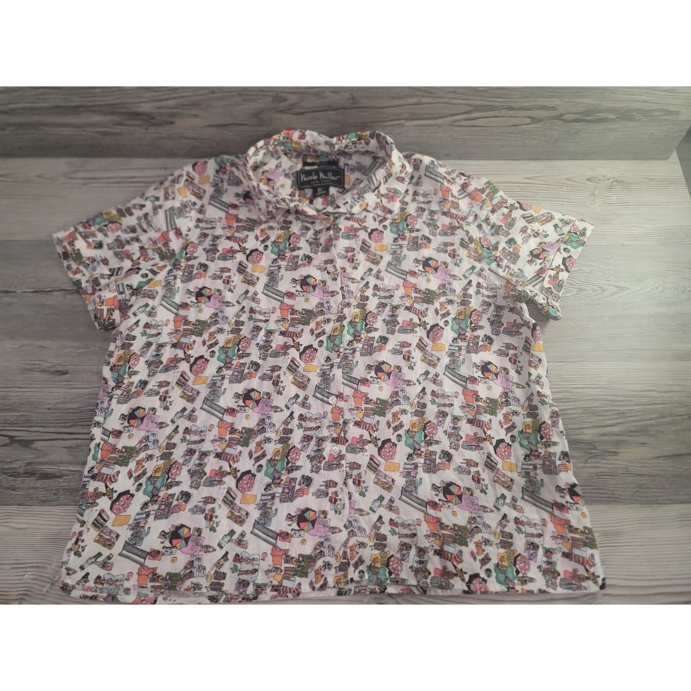 Nicole Miller 100% linen top Large Woman's Beach print graphics